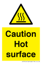 Caution Hot surface with high temp warning symbol. Text: 